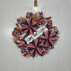 Patriotic Land That I Love Wreath, Pancake Wreath, 4th of July Front Door Wreath